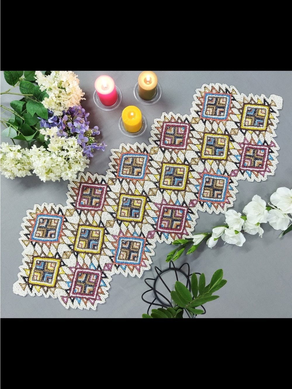 World Market Hand Beaded Geometric Table Runner Multicolor 13x36 Boho Global NWT - Picture 5 of 11